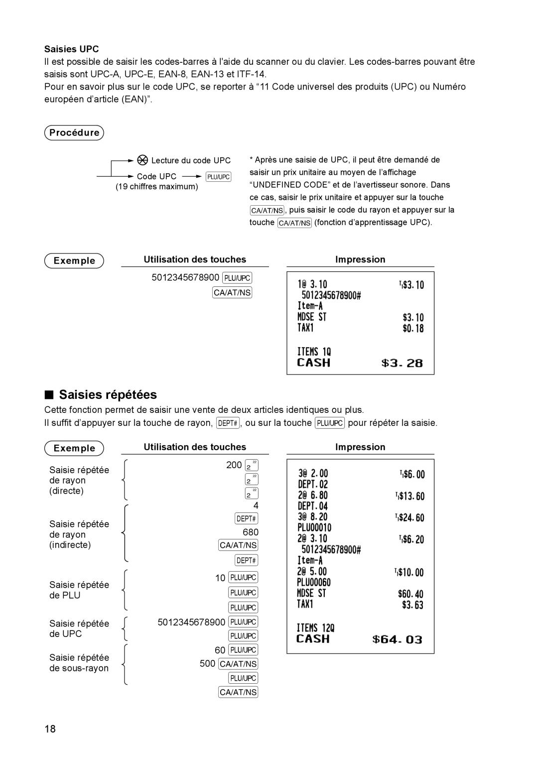 Sharp ER-A347A instruction manual Saisies répétées, Saisies UPC 