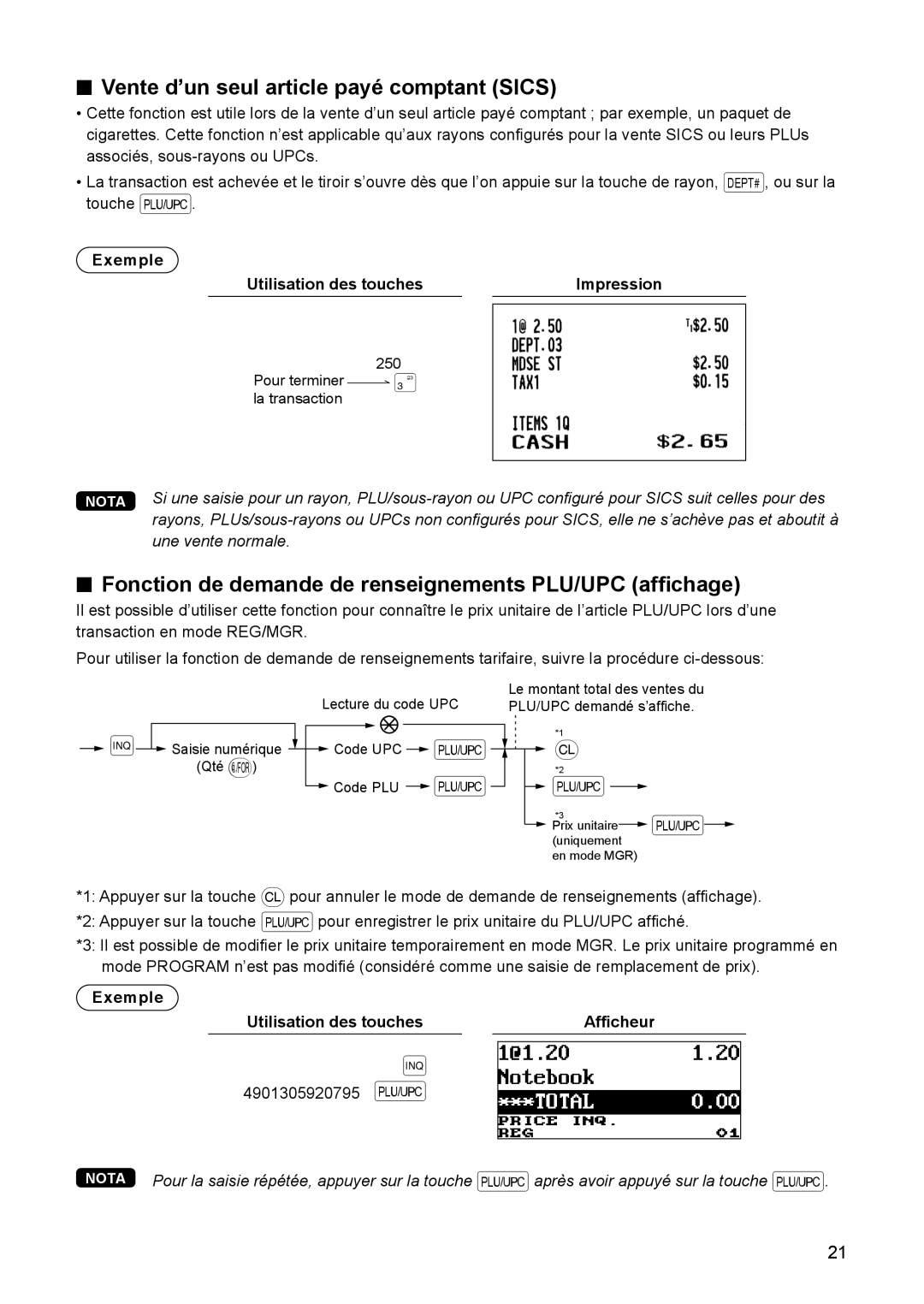 Sharp ER-A347 Vente d’un seul article payé comptant Sics, Fonction de demande de renseignements PLU/UPC affichage 