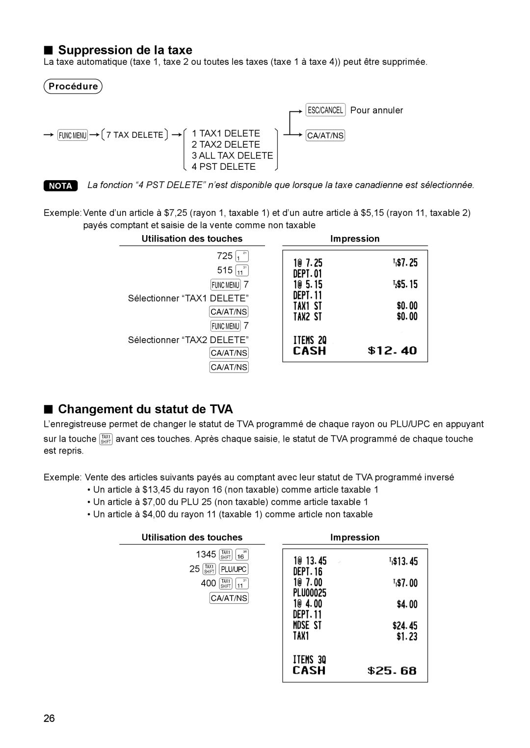 Sharp ER-A347A instruction manual Suppression de la taxe, Changement du statut de TVA 