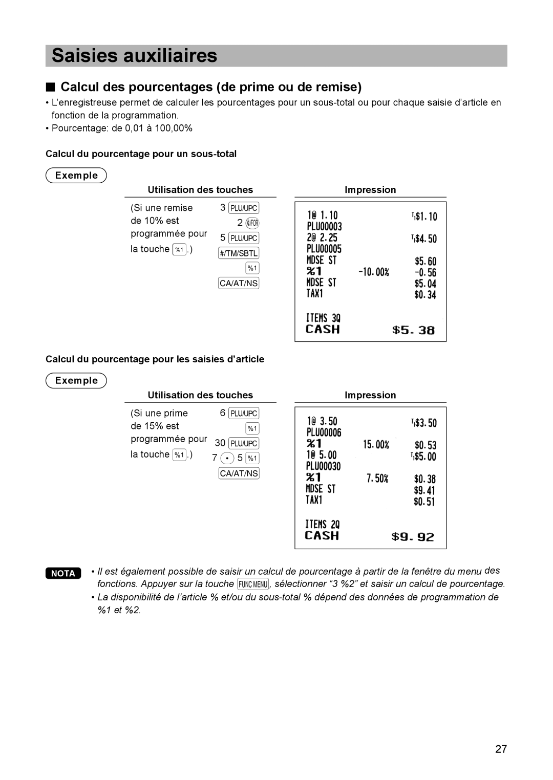 Sharp ER-A347A instruction manual Saisies auxiliaires, Calcul des pourcentages de prime ou de remise 