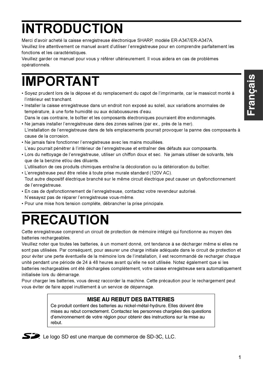 Sharp ER-A347A instruction manual Introduction 