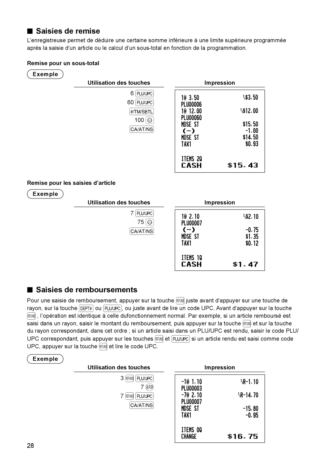 Sharp ER-A347A instruction manual Saisies de remise, Saisies de remboursements 