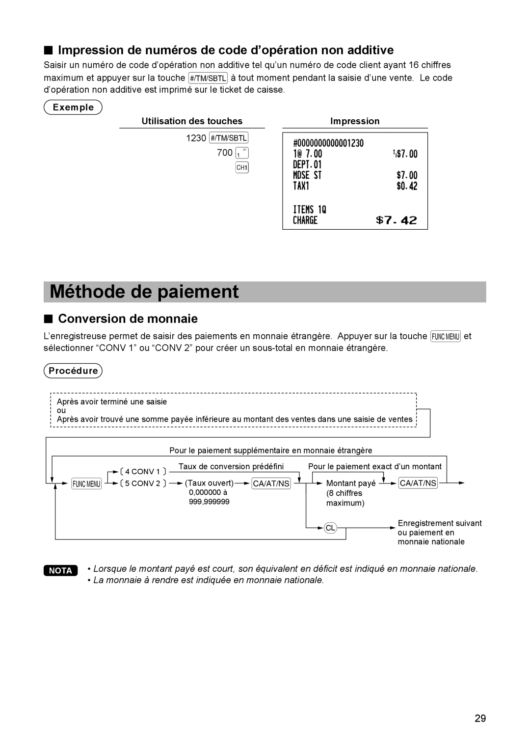 Sharp ER-A347A Méthode de paiement, Impression de numéros de code d’opération non additive, Conversion de monnaie 