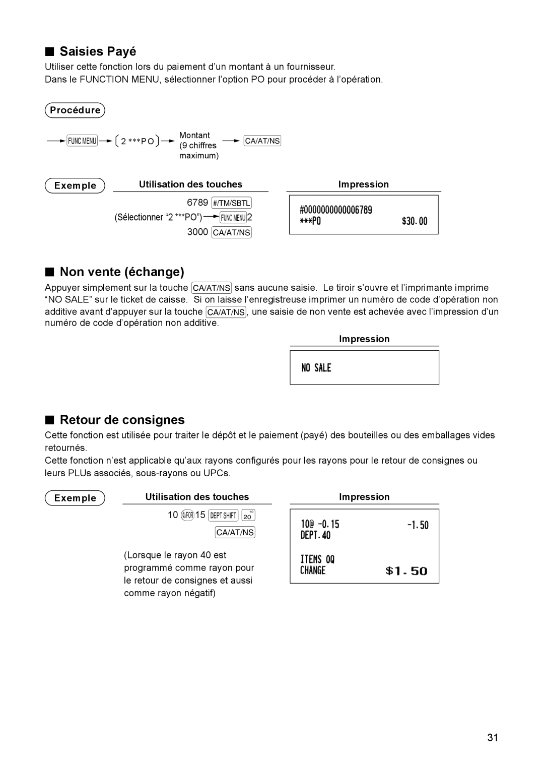 Sharp ER-A347A instruction manual Saisies Payé, Non vente échange, Retour de consignes 