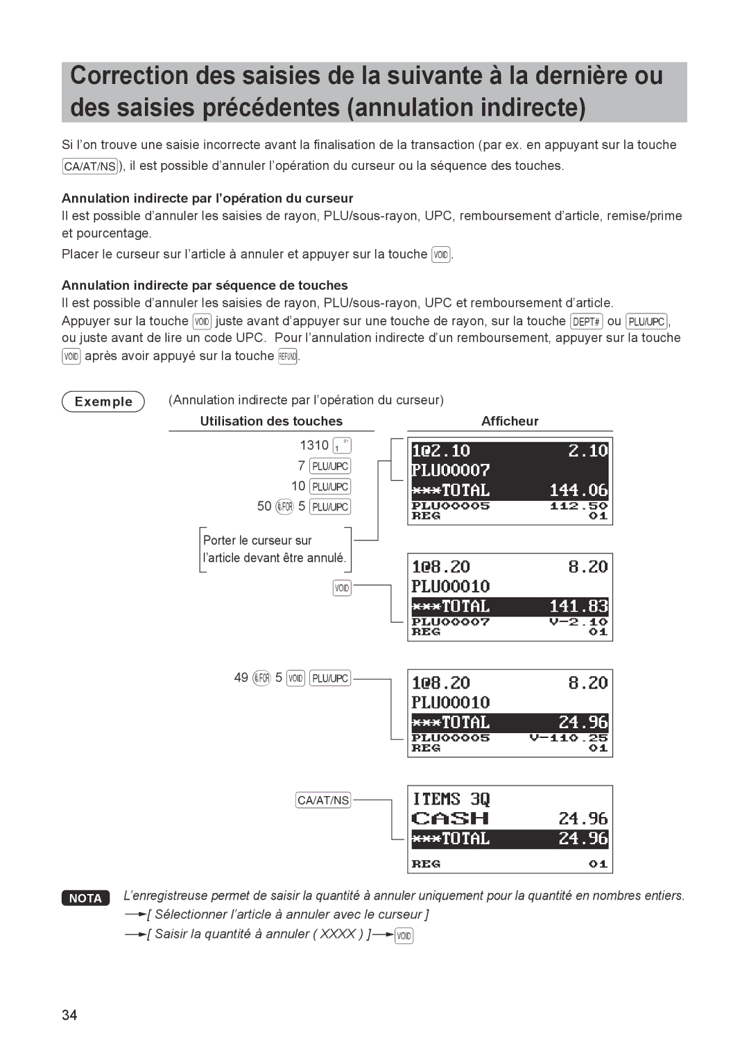 Sharp ER-A347A Annulation indirecte par l’opération du curseur, Annulation indirecte par séquence de touches 