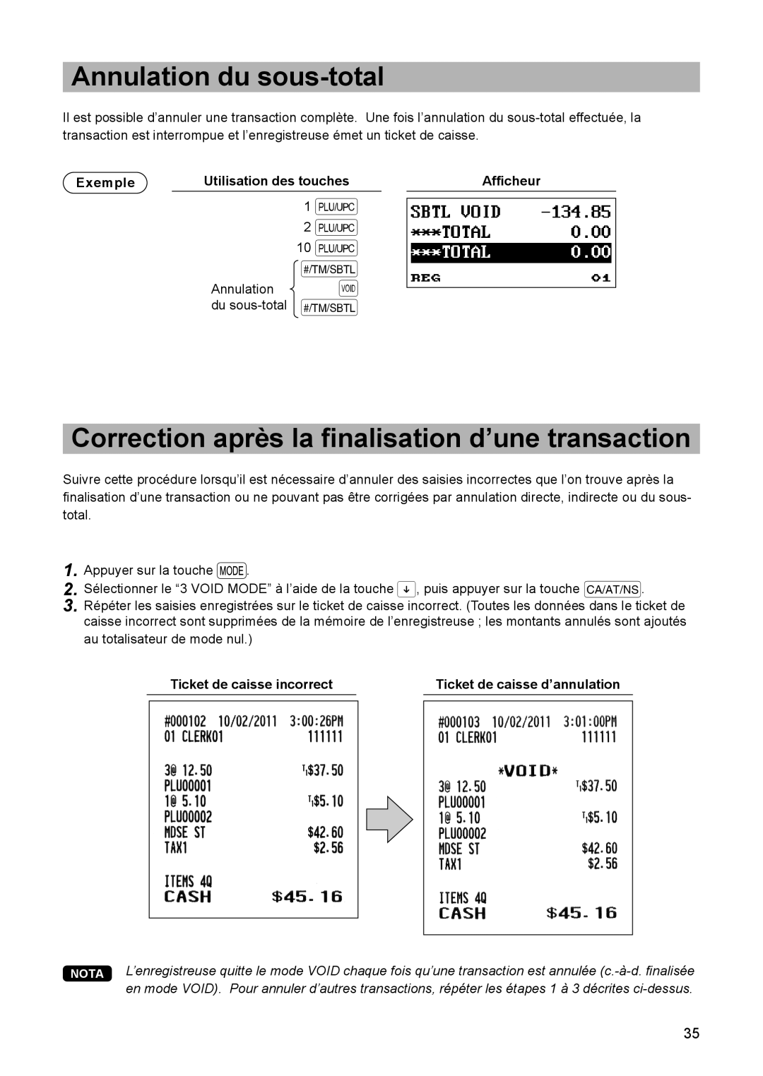 Sharp ER-A347A instruction manual Annulation du sous-total, Correction après la finalisation d’une transaction 