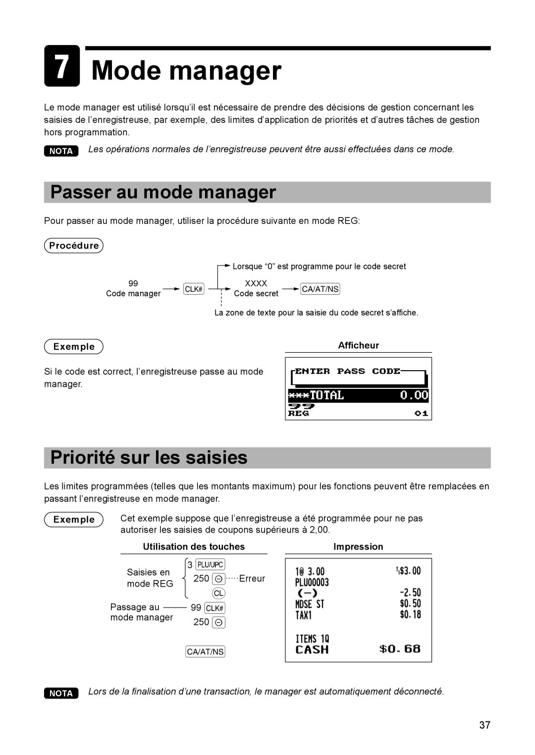 Sharp ER-A347A instruction manual Mode manager, Passer au mode manager, Priorité sur les saisies, Exemple Afficheur 