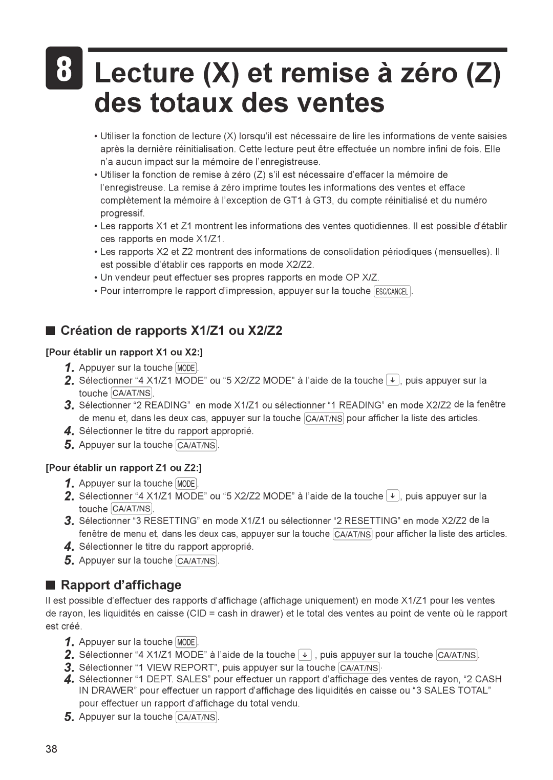 Sharp ER-A347A instruction manual Lecture X et remise à zéro Z des totaux des ventes, Création de rapports X1/Z1 ou X2/Z2 