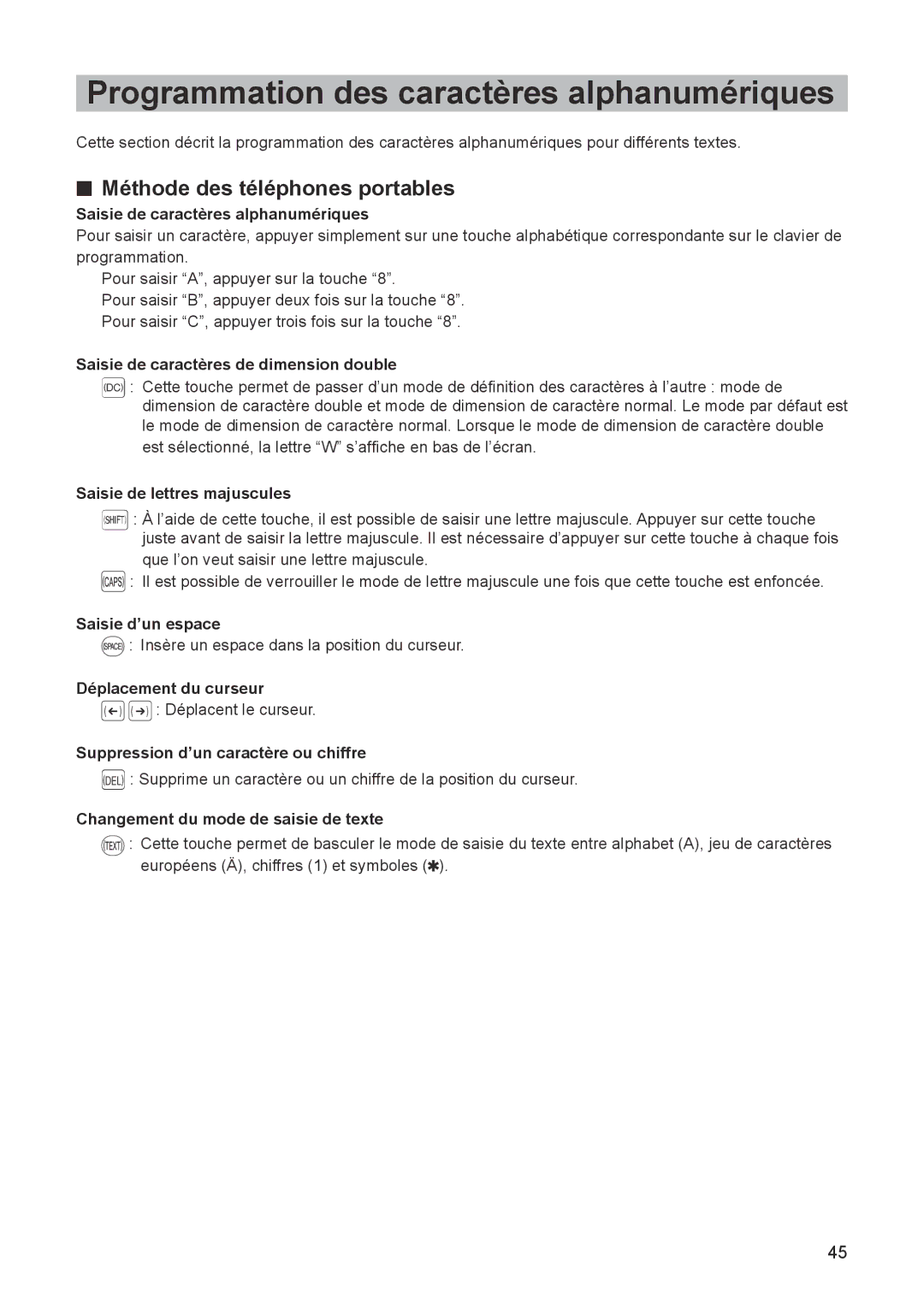 Sharp ER-A347A instruction manual Programmation des caractères alphanumériques, Méthode des téléphones portables 