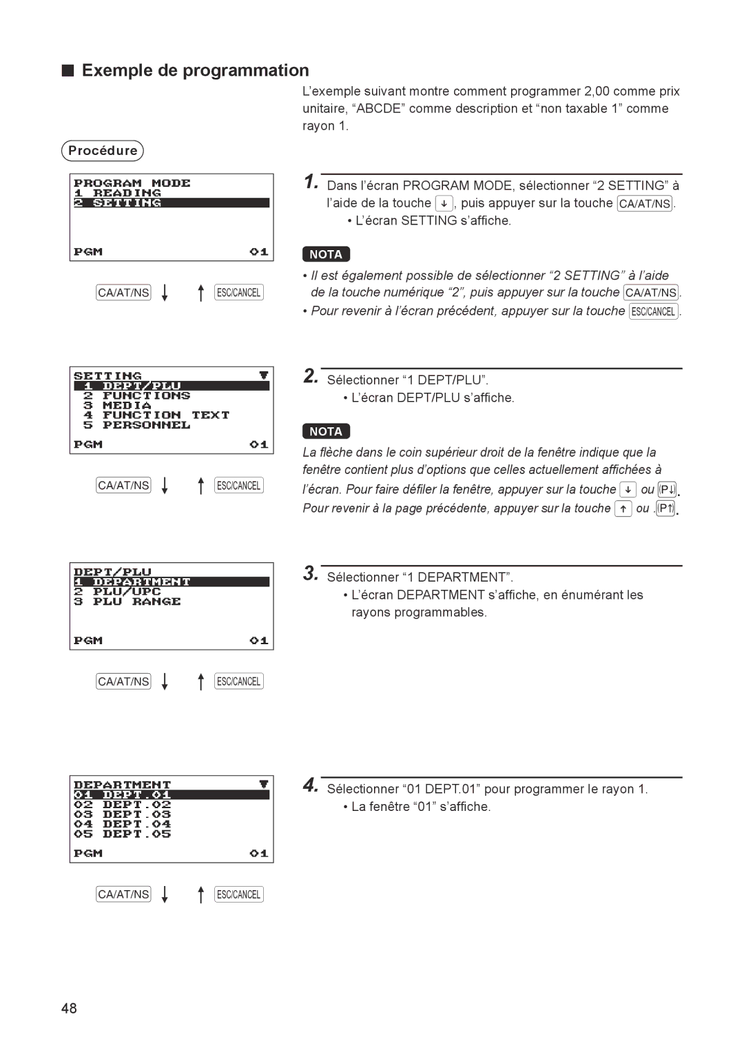 Sharp ER-A347A instruction manual Exemple de programmation, Sélectionner 1 DEPT/PLU ’écran DEPT/PLU s’affiche 