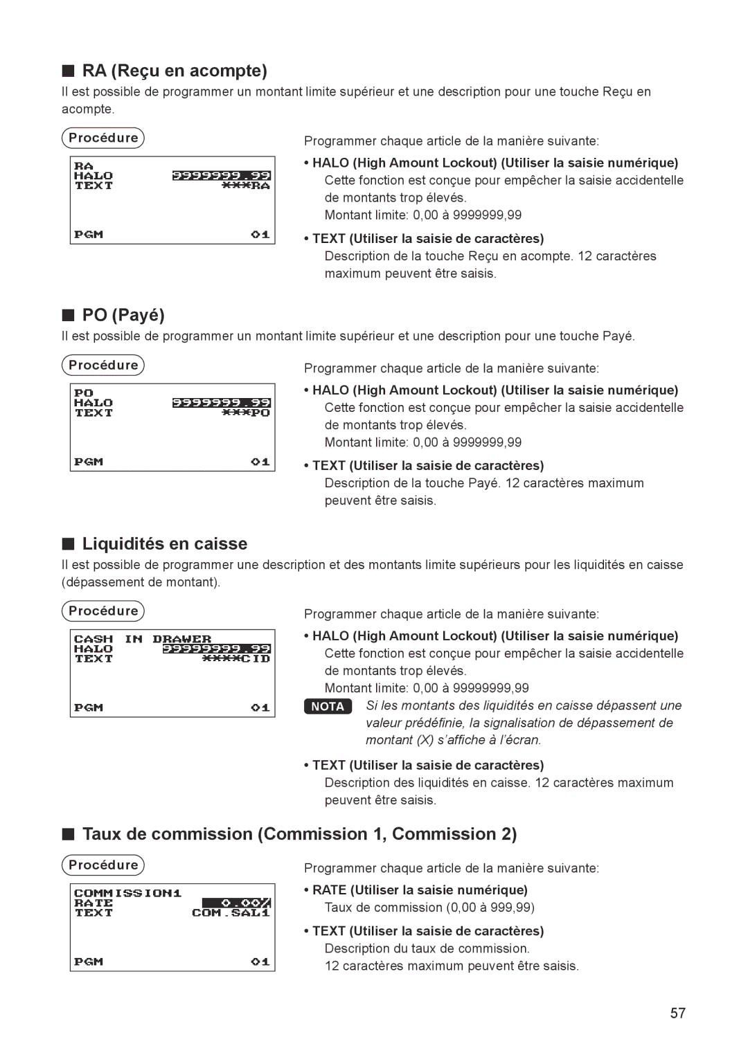 Sharp ER-A347A RA Reçu en acompte, PO Payé, Liquidités en caisse, Taux de commission Commission 1, Commission 