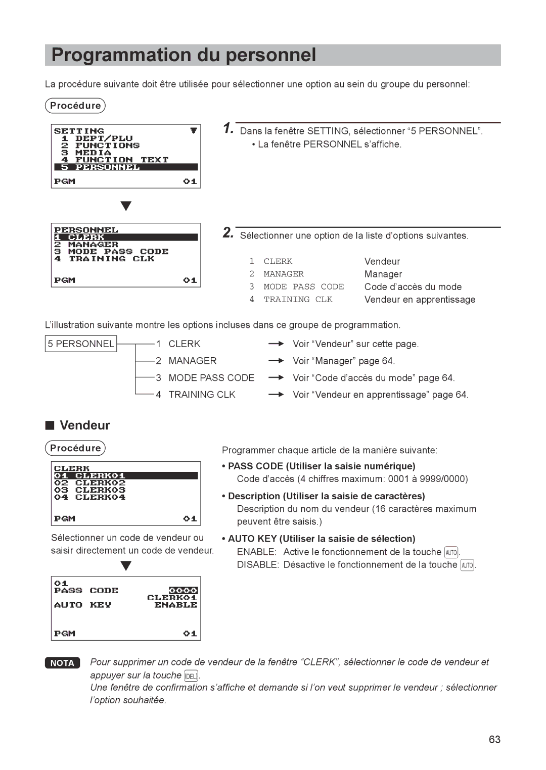 Sharp ER-A347A instruction manual Programmation du personnel, Vendeur, Pass Code Utiliser la saisie numérique 