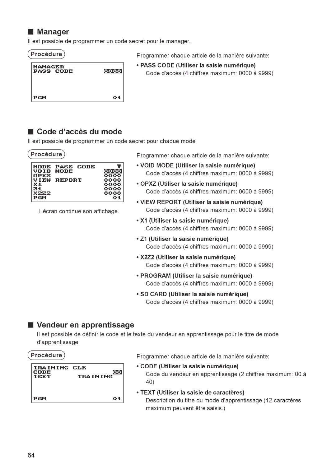 Sharp ER-A347A instruction manual Manager, Code d’accès du mode, Vendeur en apprentissage 