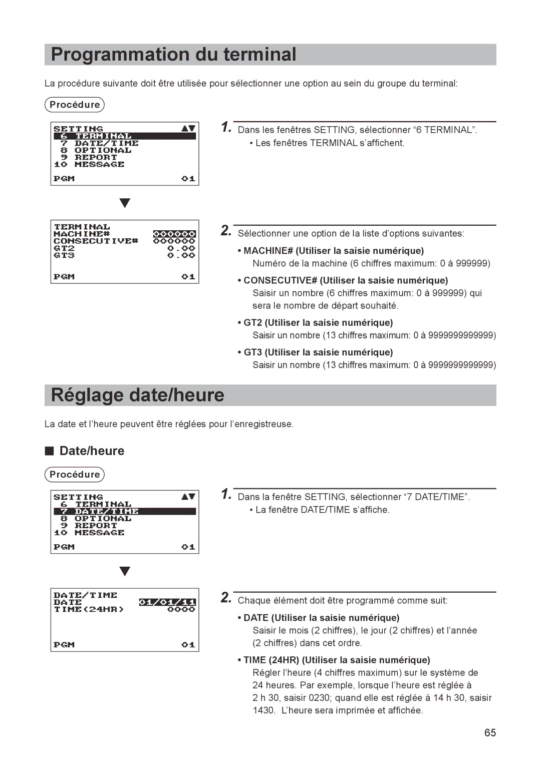 Sharp ER-A347A instruction manual Programmation du terminal, Réglage date/heure, Date/heure 