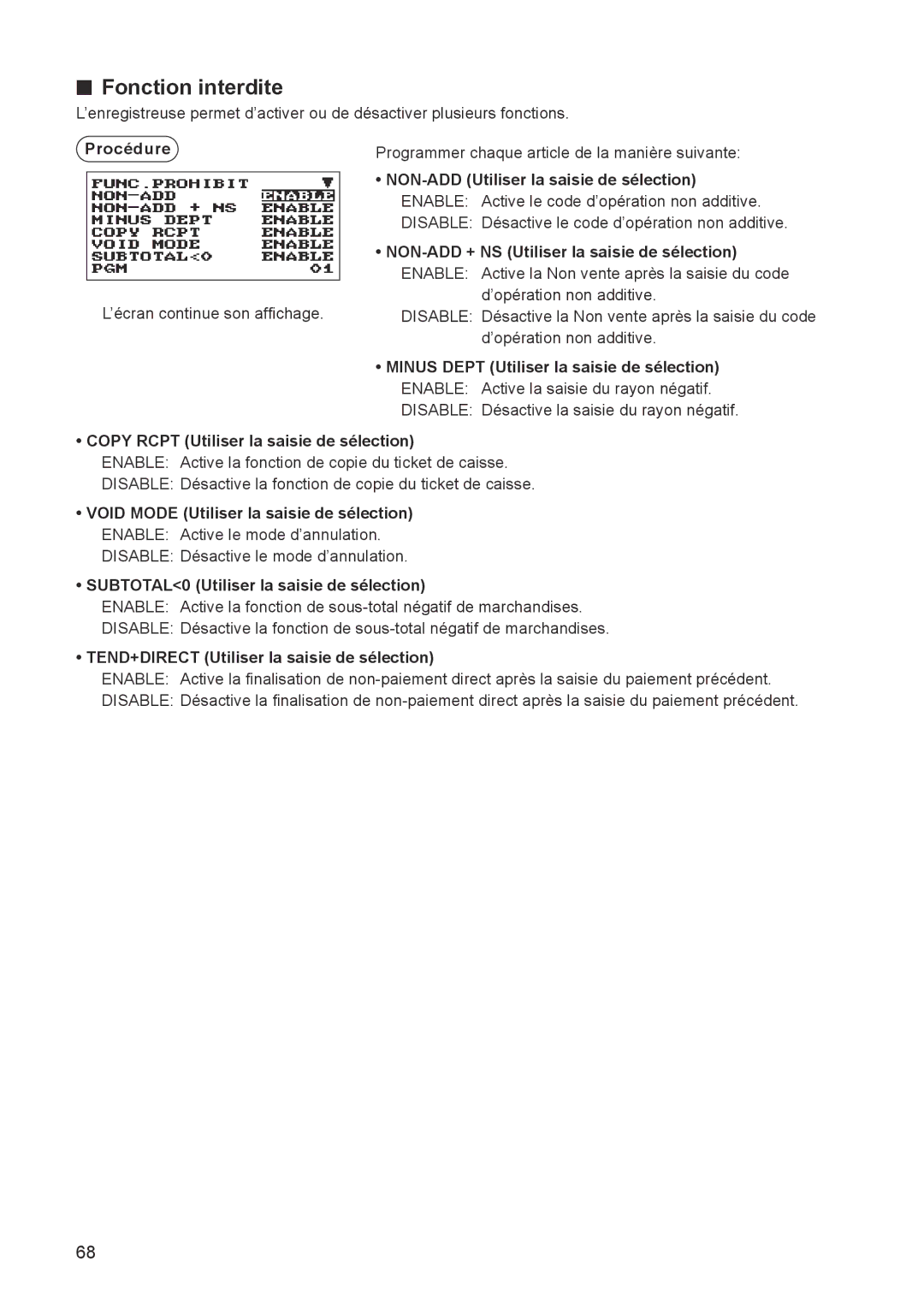 Sharp ER-A347A Fonction interdite, Minus Dept Utiliser la saisie de sélection, Copy Rcpt Utiliser la saisie de sélection 