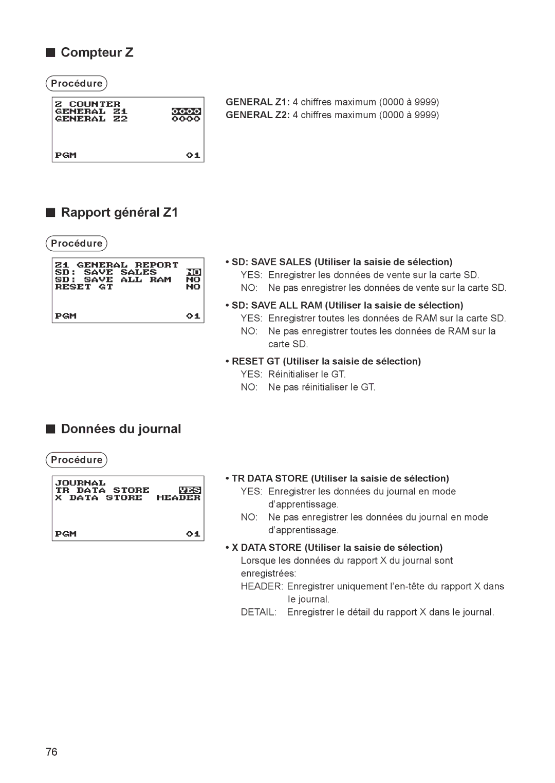 Sharp ER-A347A Compteur Z, Rapport général Z1, Données du journal, SD Save ALL RAM Utiliser la saisie de sélection 