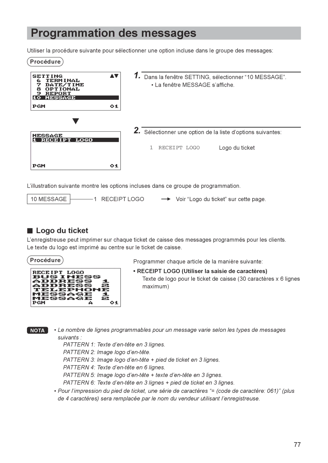 Sharp ER-A347A Programmation des messages, Logo du ticket, Receipt Logo Utiliser la saisie de caractères 