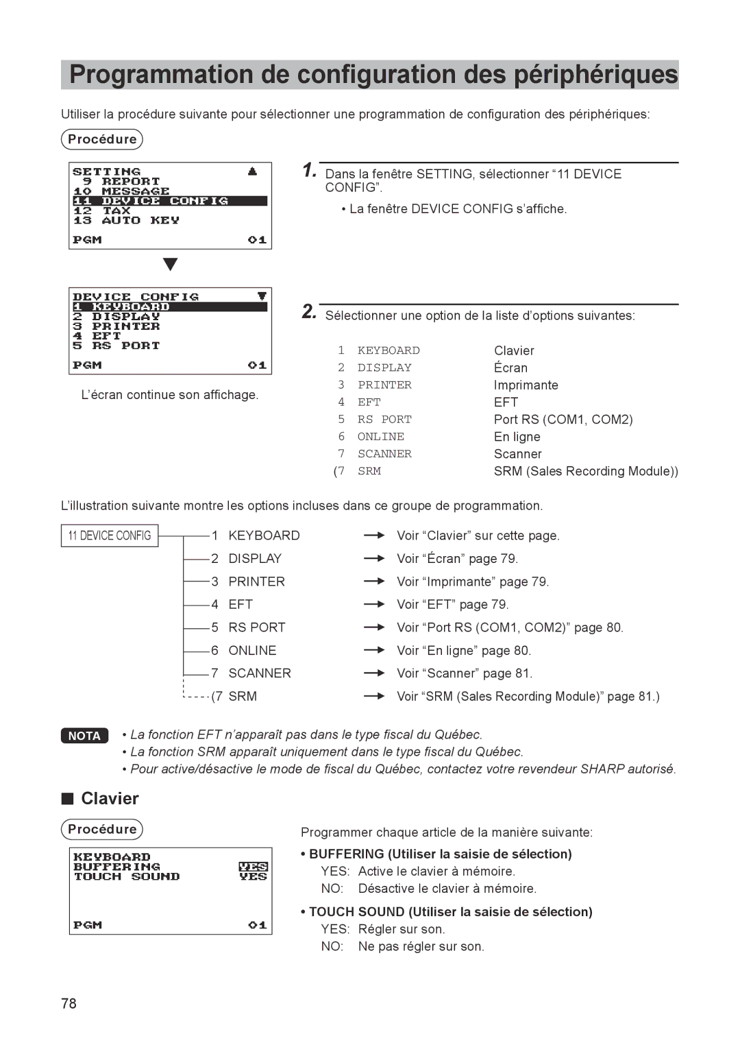 Sharp ER-A347A instruction manual Programmation de configuration des périphériques, Clavier 