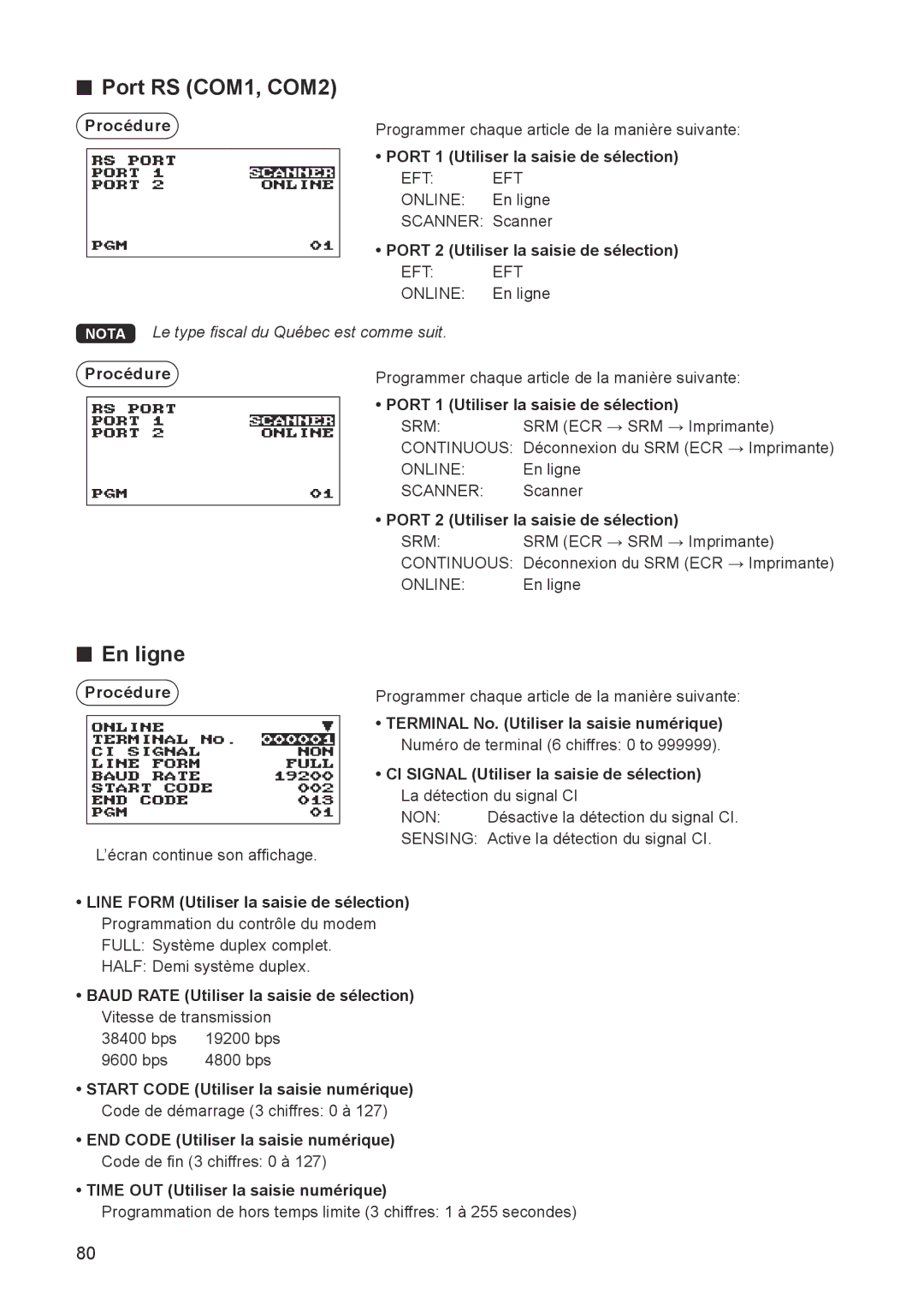 Sharp ER-A347A instruction manual Port RS COM1, COM2, En ligne, Port 1 Utiliser la saisie de sélection 