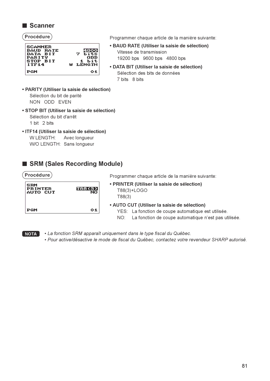 Sharp ER-A347A instruction manual Scanner, SRM Sales Recording Module, ITF14 Utiliser la saisie de sélection 