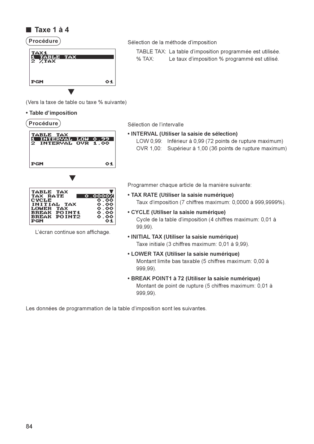 Sharp ER-A347A instruction manual Taxe 1 à, Table d’imposition Procédure, Interval Utiliser la saisie de sélection 