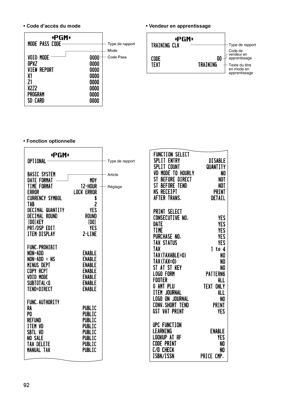 Sharp ER-A347A instruction manual Code d’accès du mode Vendeur en apprentissage, Fonction optionnelle 