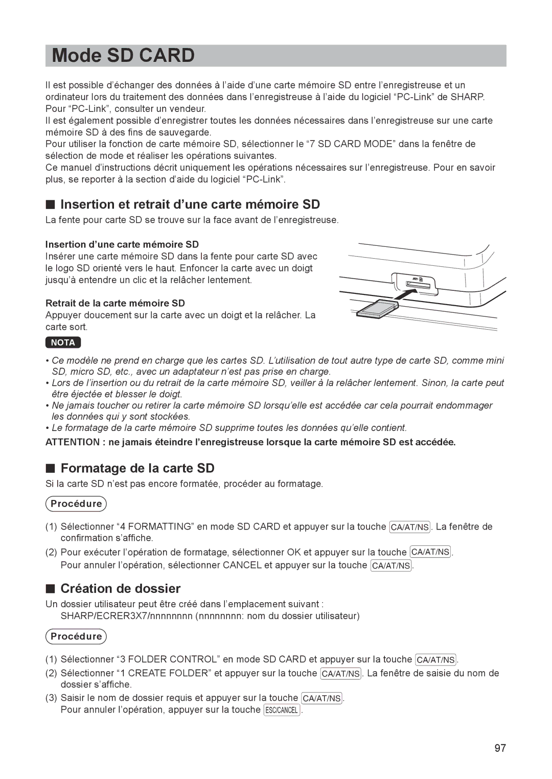 Sharp ER-A347 Mode SD Card, Insertion et retrait d’une carte mémoire SD, Formatage de la carte SD, Création de dossier 