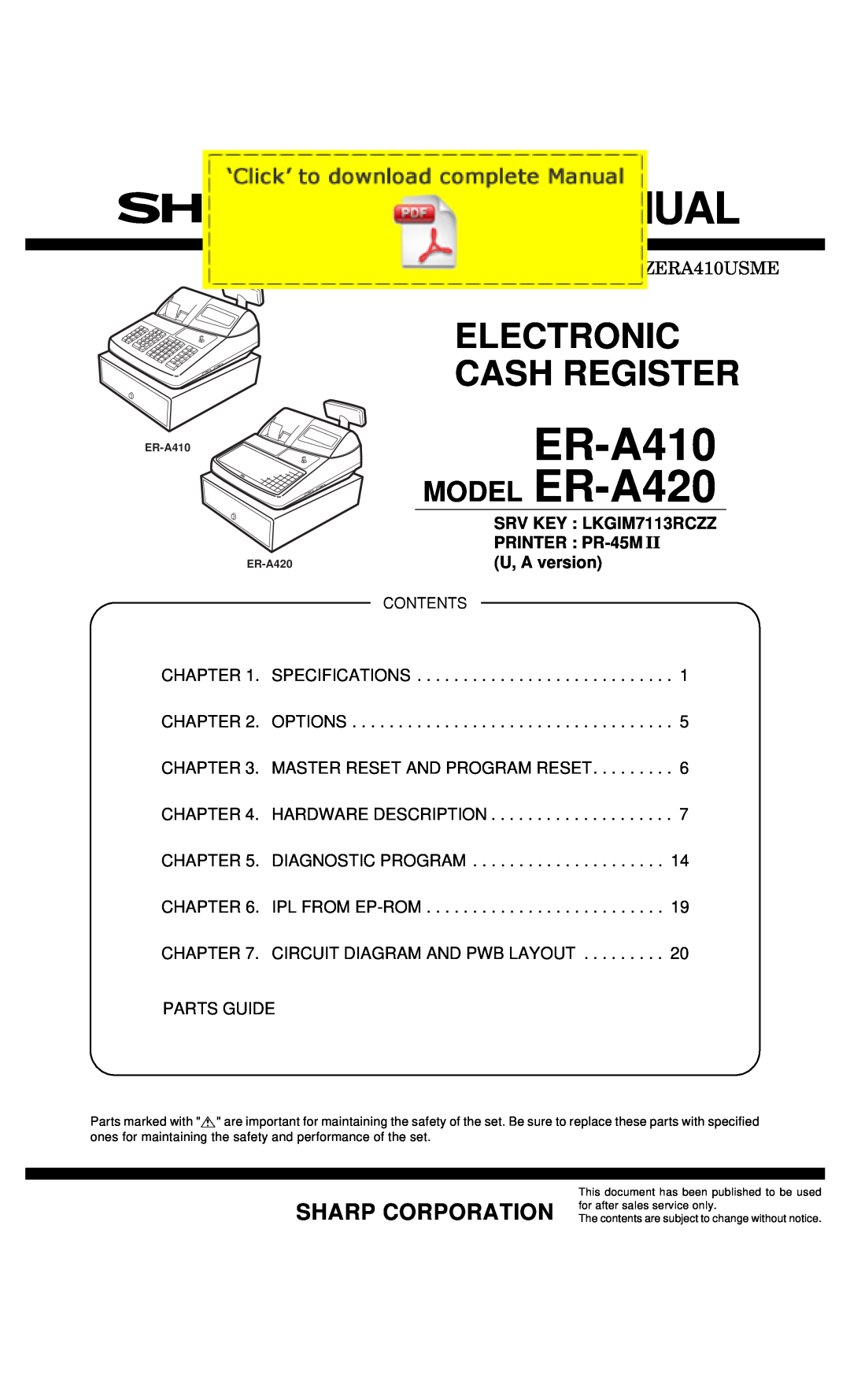 Sharp er-a410 service manual q SERVICE MANUAL, ER-A410 MODEL ER-A420, Electronic Cash Register, CODE 00ZERA410USME 