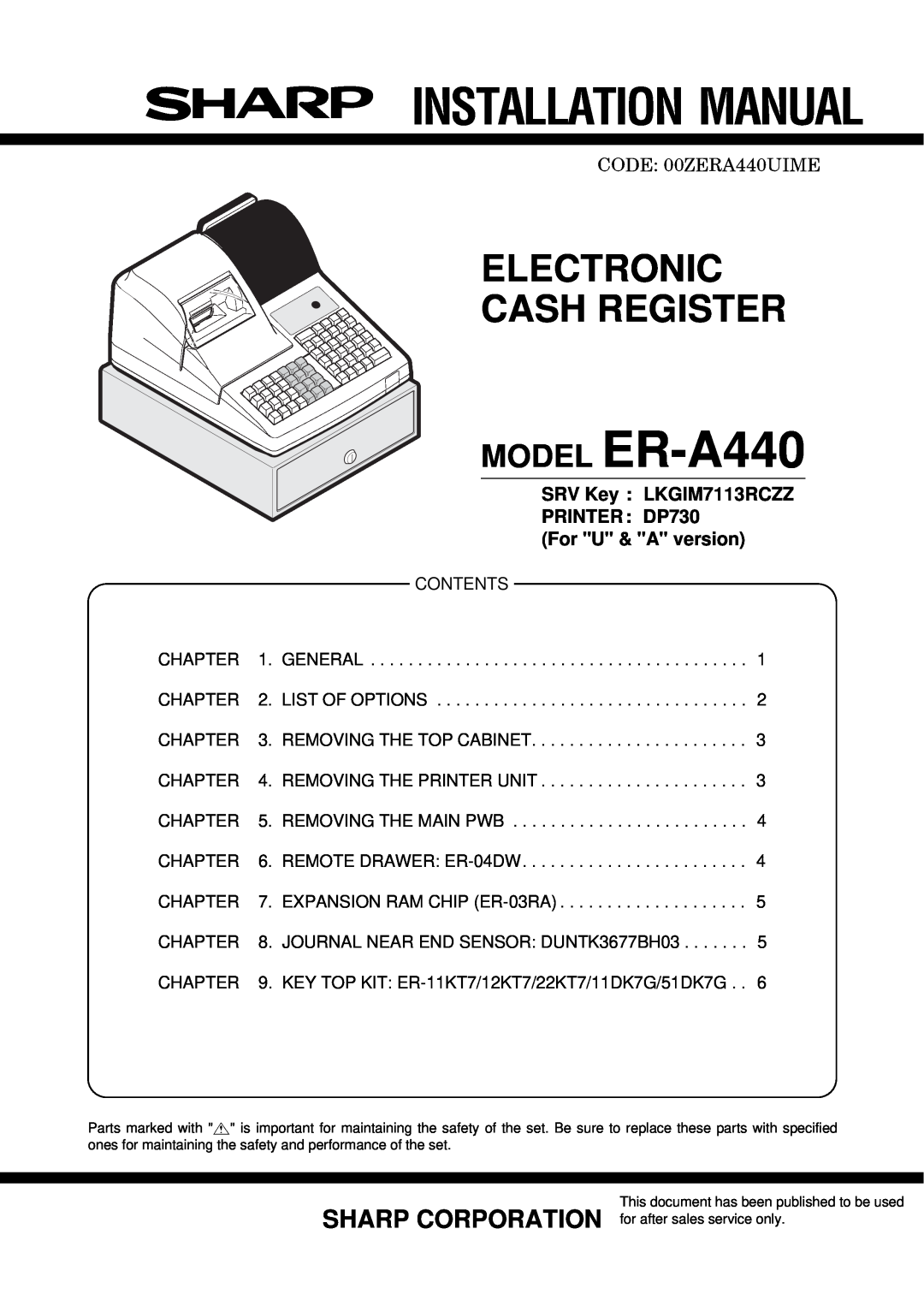 Sharp manual SRV Key LKGIM7113RCZZ PRINTER DP730 For U & A version, MODEL ER-A440, Electronic Cash Register 