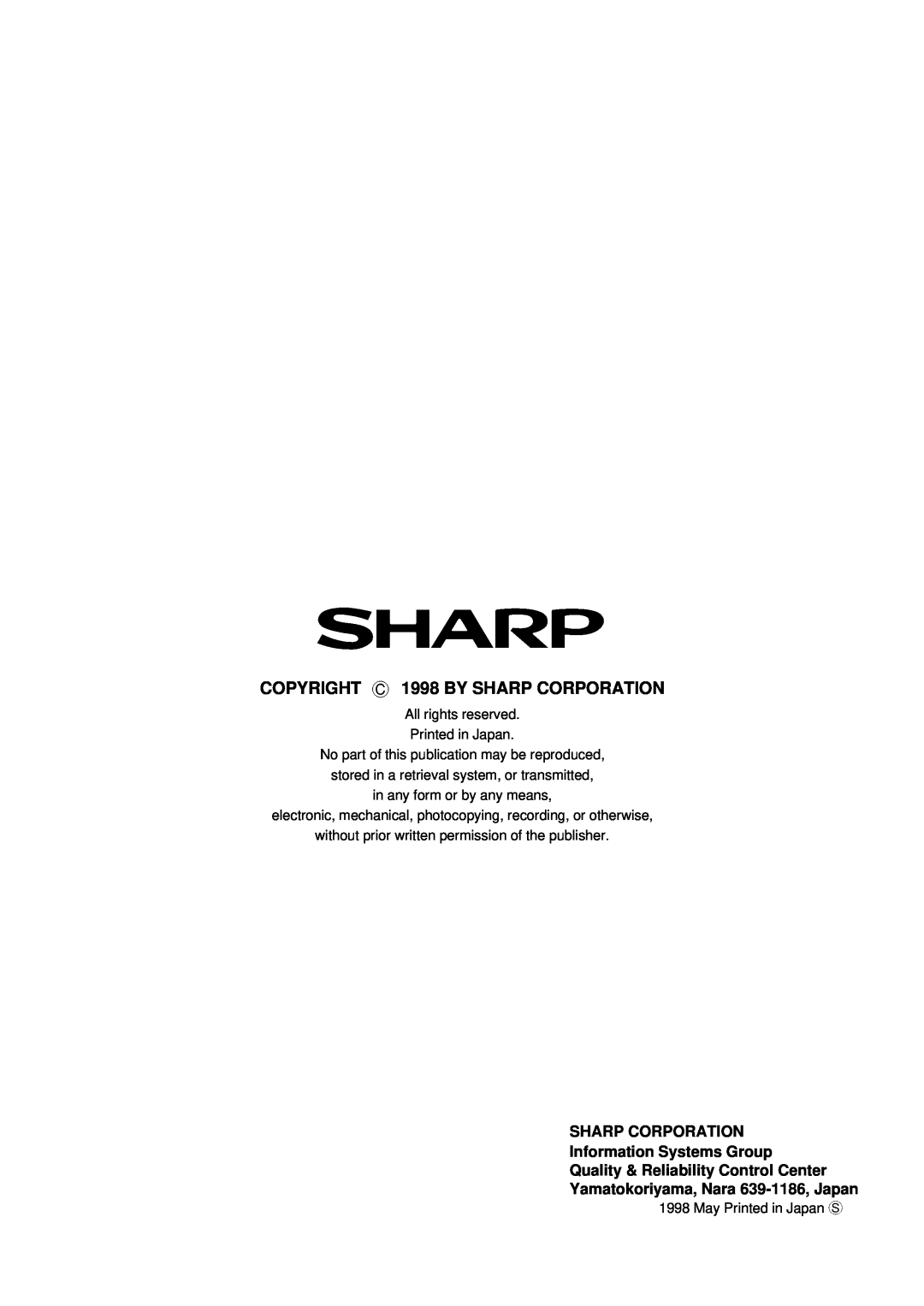 Sharp ER-A440 manual COPYRIGHT 1998 BY SHARP CORPORATION, SHARP CORPORATION Information Systems Group 