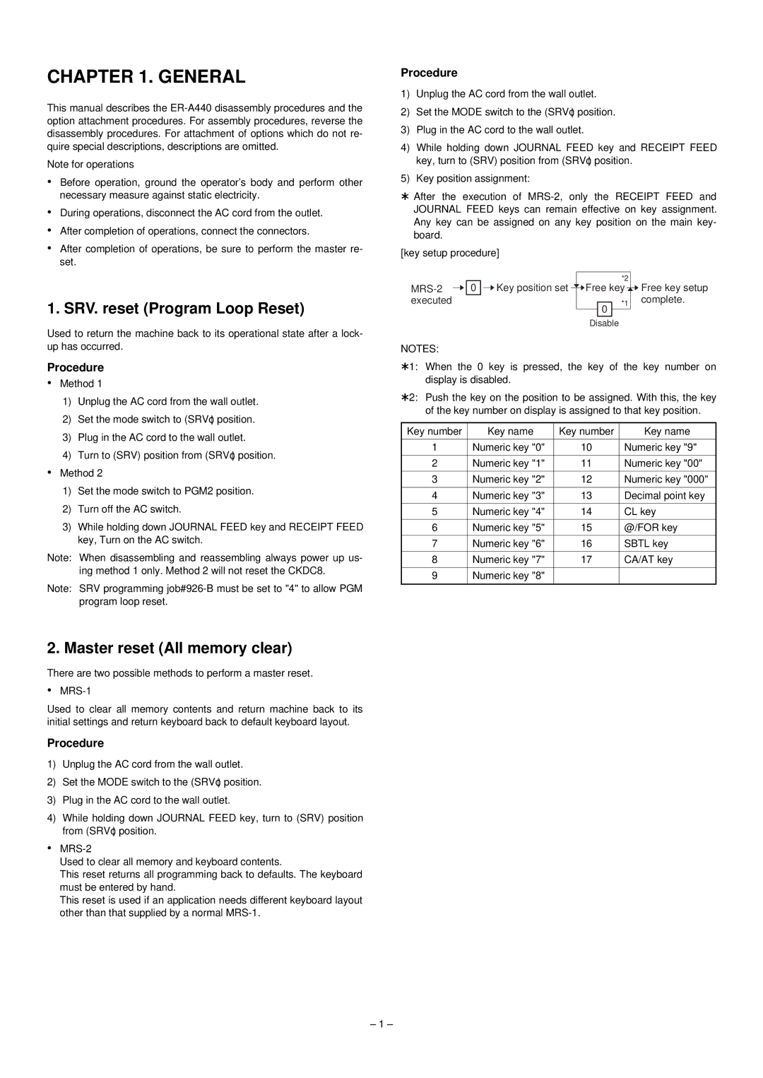 Sharp ER-A440 manual General, SRV. reset Program Loop Reset, Master reset All memory clear 