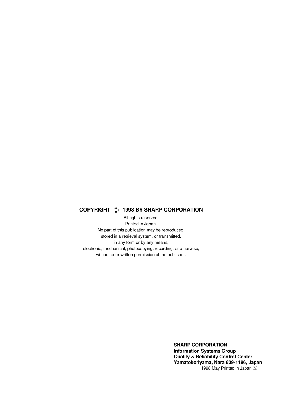 Sharp ER-A440 manual Copyright 1998 by Sharp Corporation 