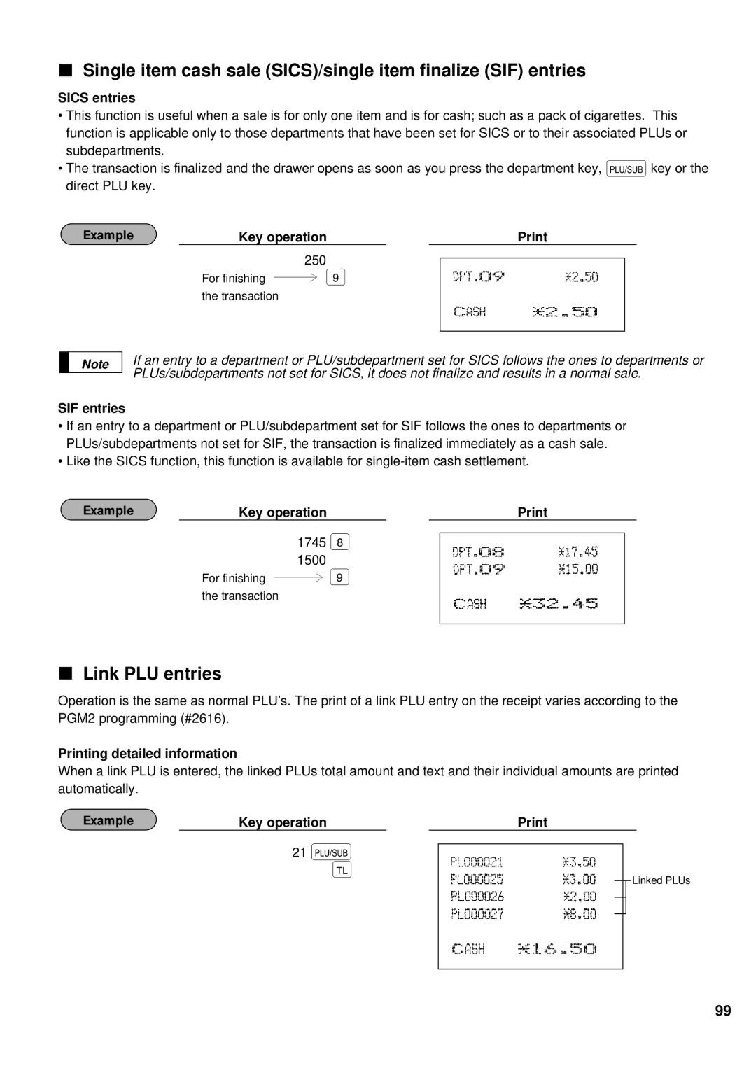 Sharp ER-A440 Single item cash sale SICS/single item finalize SIF entries, Link PLU entries, Sics entries 