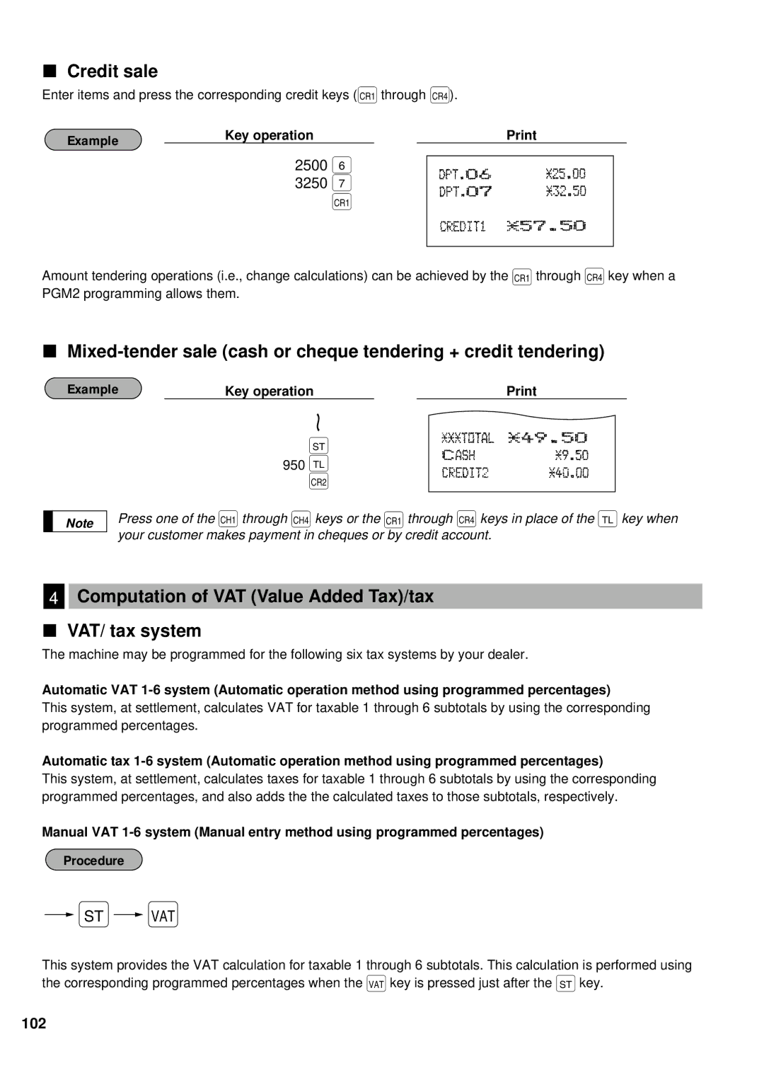 Sharp ER-A440 instruction manual 950, Credit sale, Computation of VAT Value Added Tax/tax VAT/ tax system, 2500 3250 