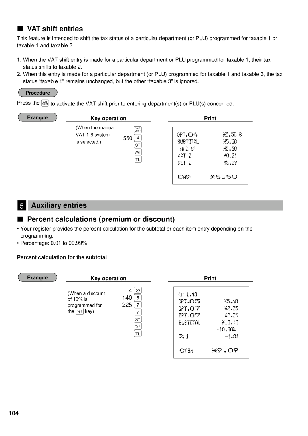 Sharp ER-A440 instruction manual VAT shift entries, Auxiliary entries Percent calculations premium or discount, 140, 225 