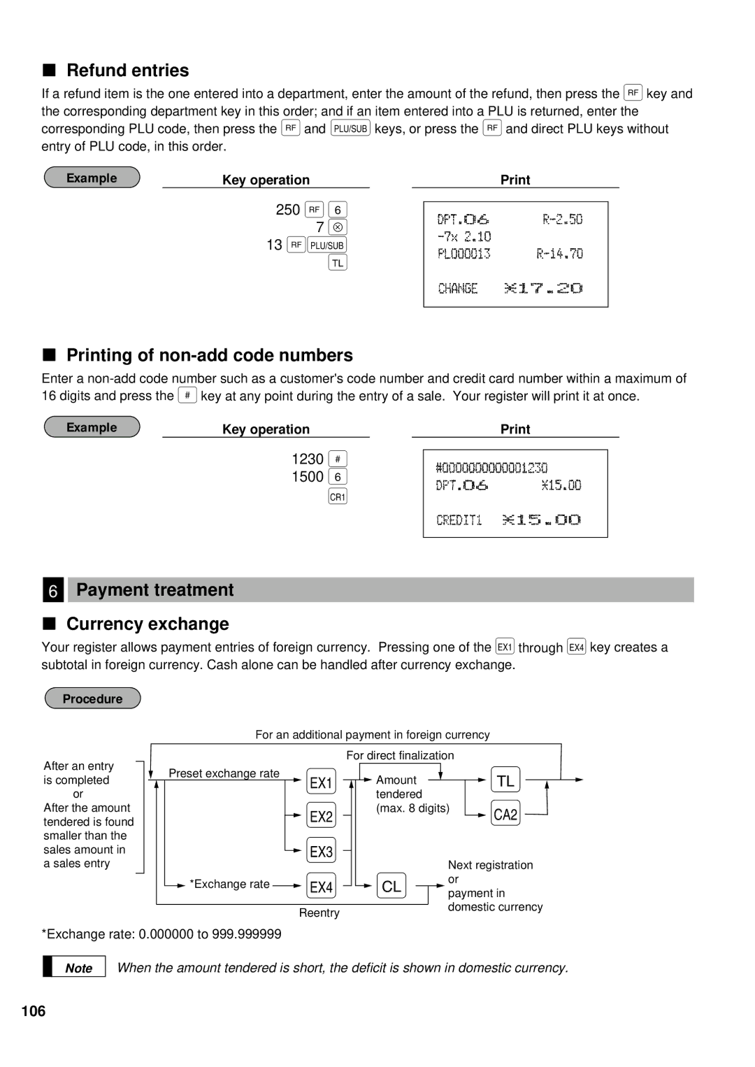 Sharp ER-A440 250 13 §, Refund entries, Printing of non-add code numbers, Payment treatment Currency exchange, 1230 = 1500 