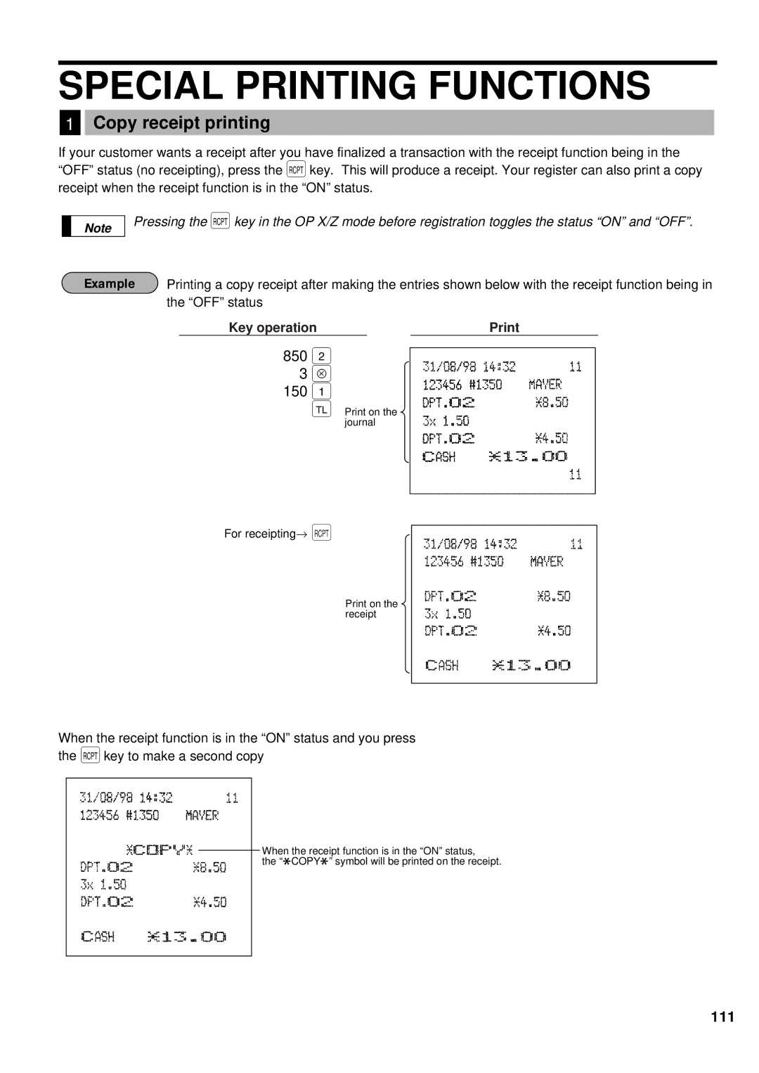 Sharp ER-A440 instruction manual Special Printing Functions, 850 150, Copy receipt printing 