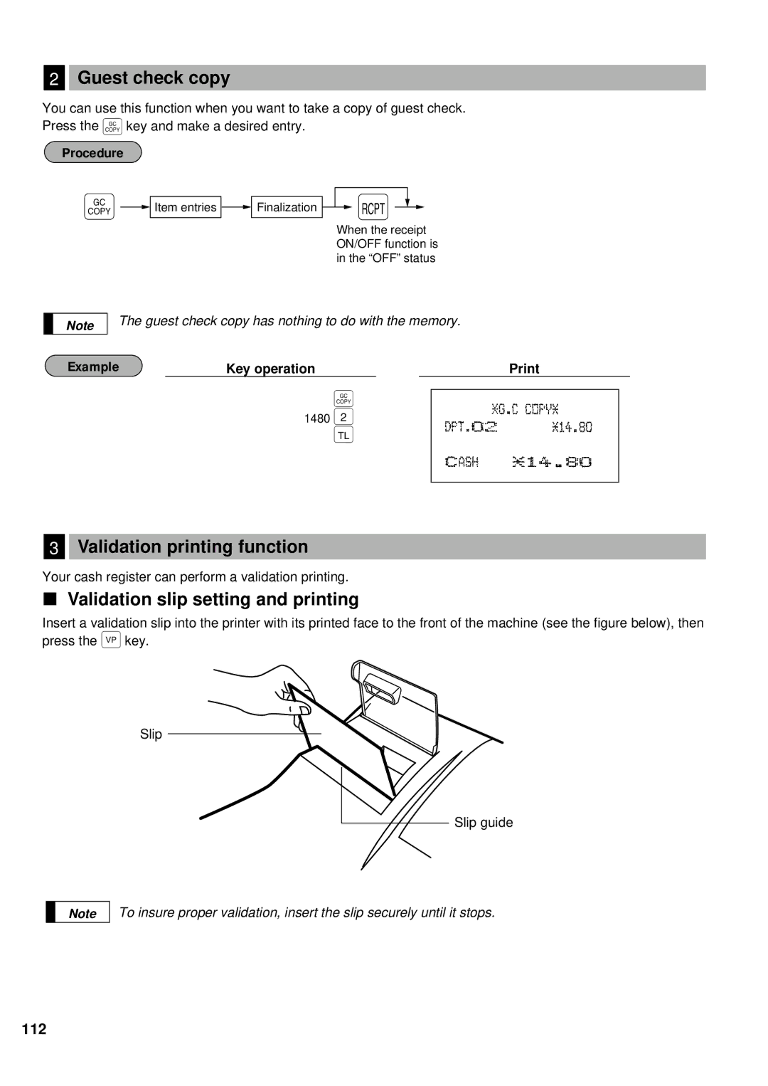 Sharp ER-A440 instruction manual Guest check copy, Validation printing function, Validation slip setting and printing 