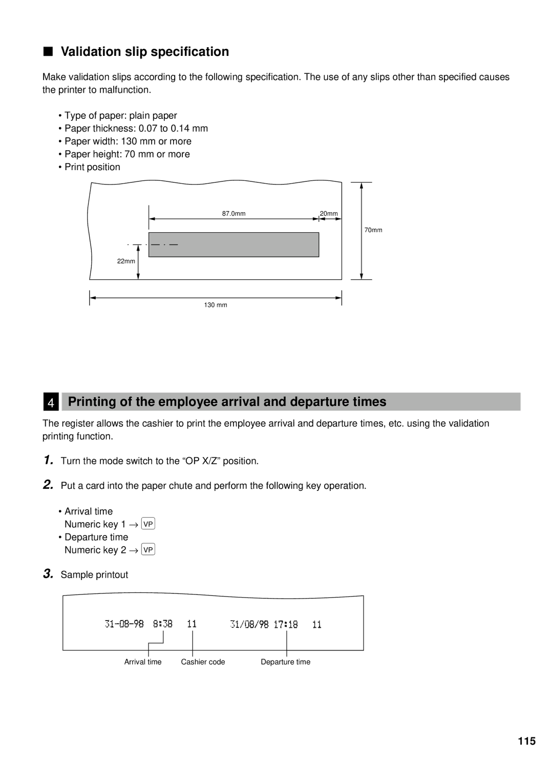 Sharp ER-A440 instruction manual Validation slip specification, Printing of the employee arrival and departure times 