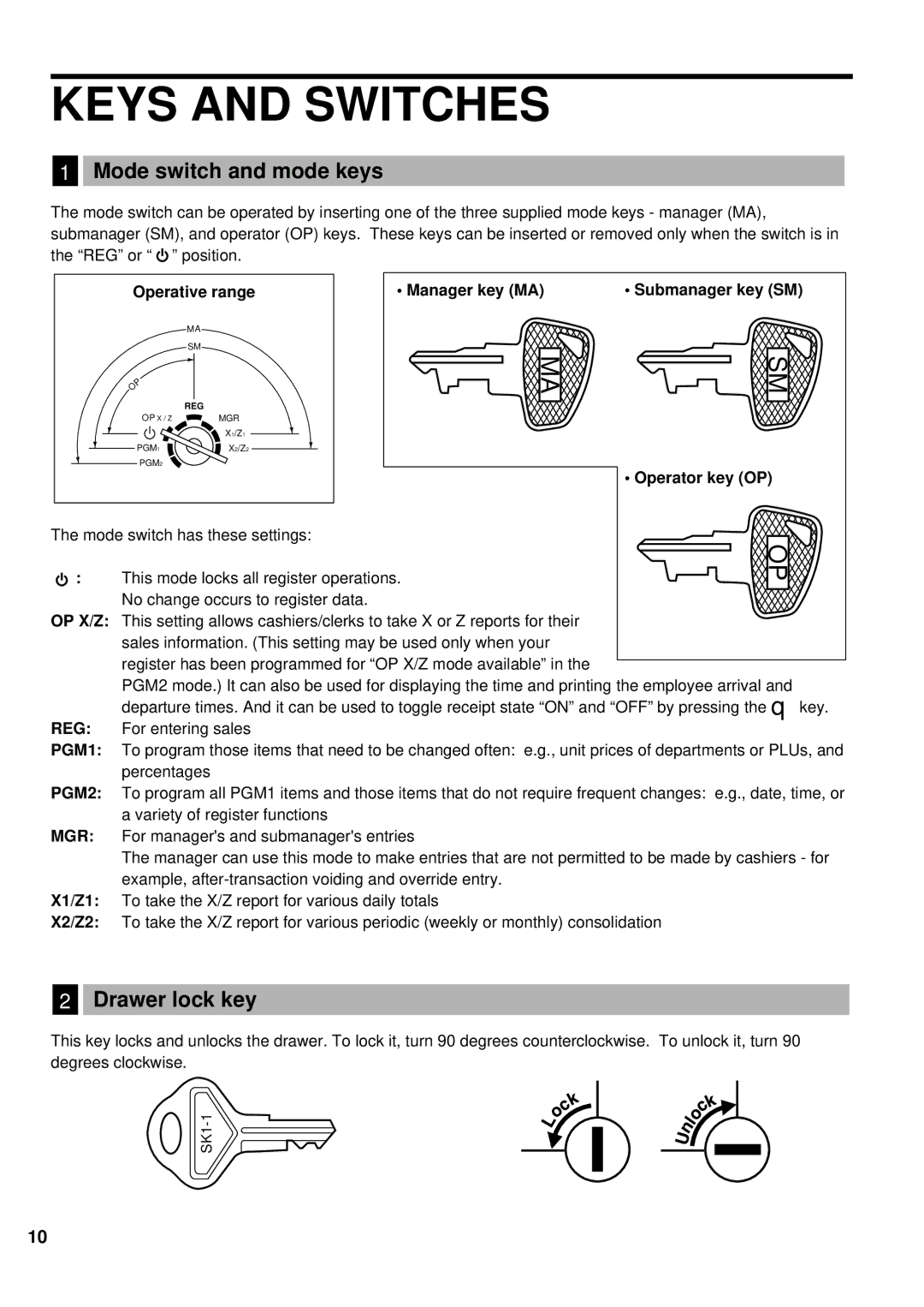 Sharp ER-A440 instruction manual Keys and Switches, Mode switch and mode keys, Drawer lock key, Operative range 