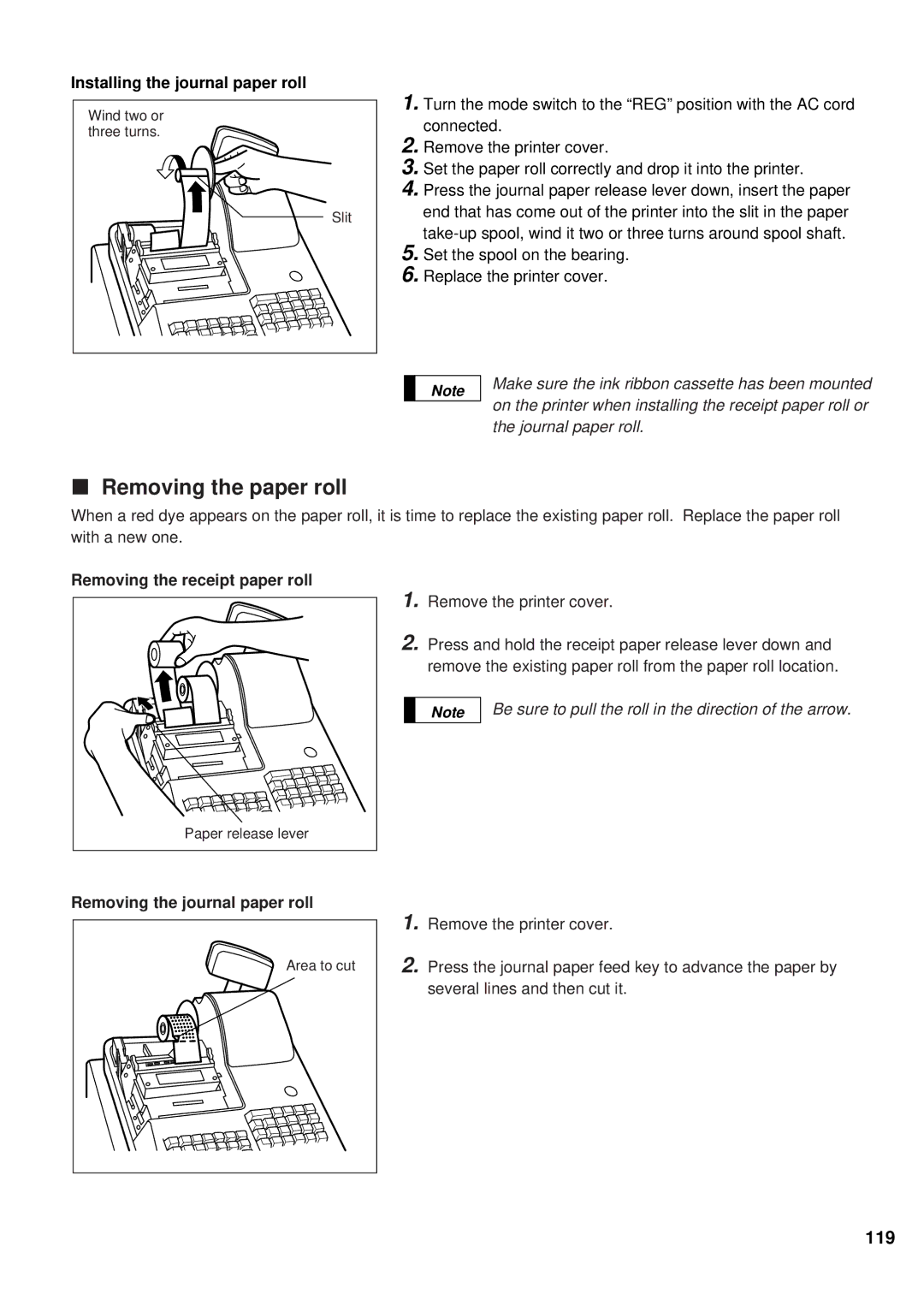 Sharp ER-A440 Removing the paper roll, Installing the journal paper roll, Removing the receipt paper roll 