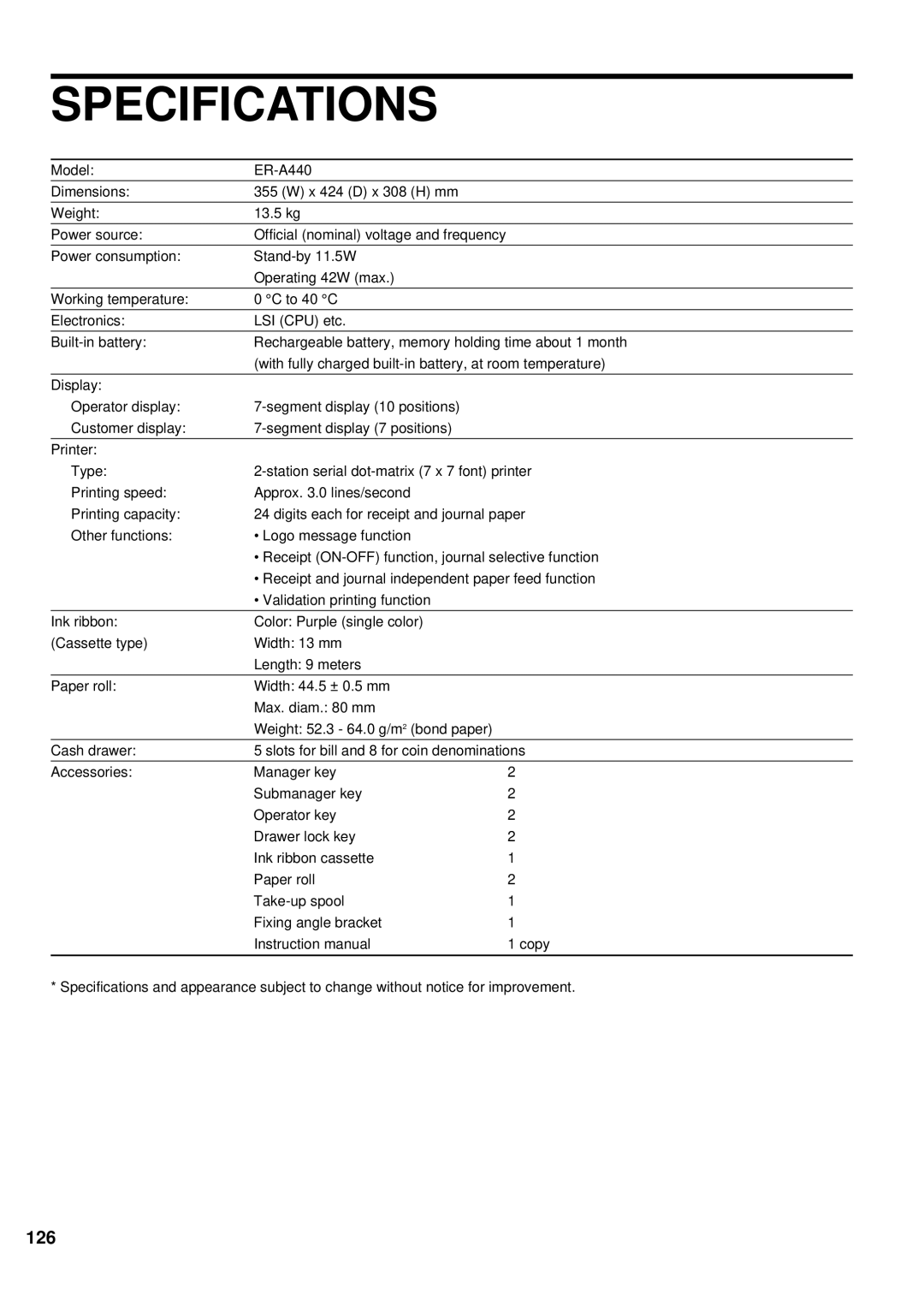 Sharp ER-A440 instruction manual Specifications 