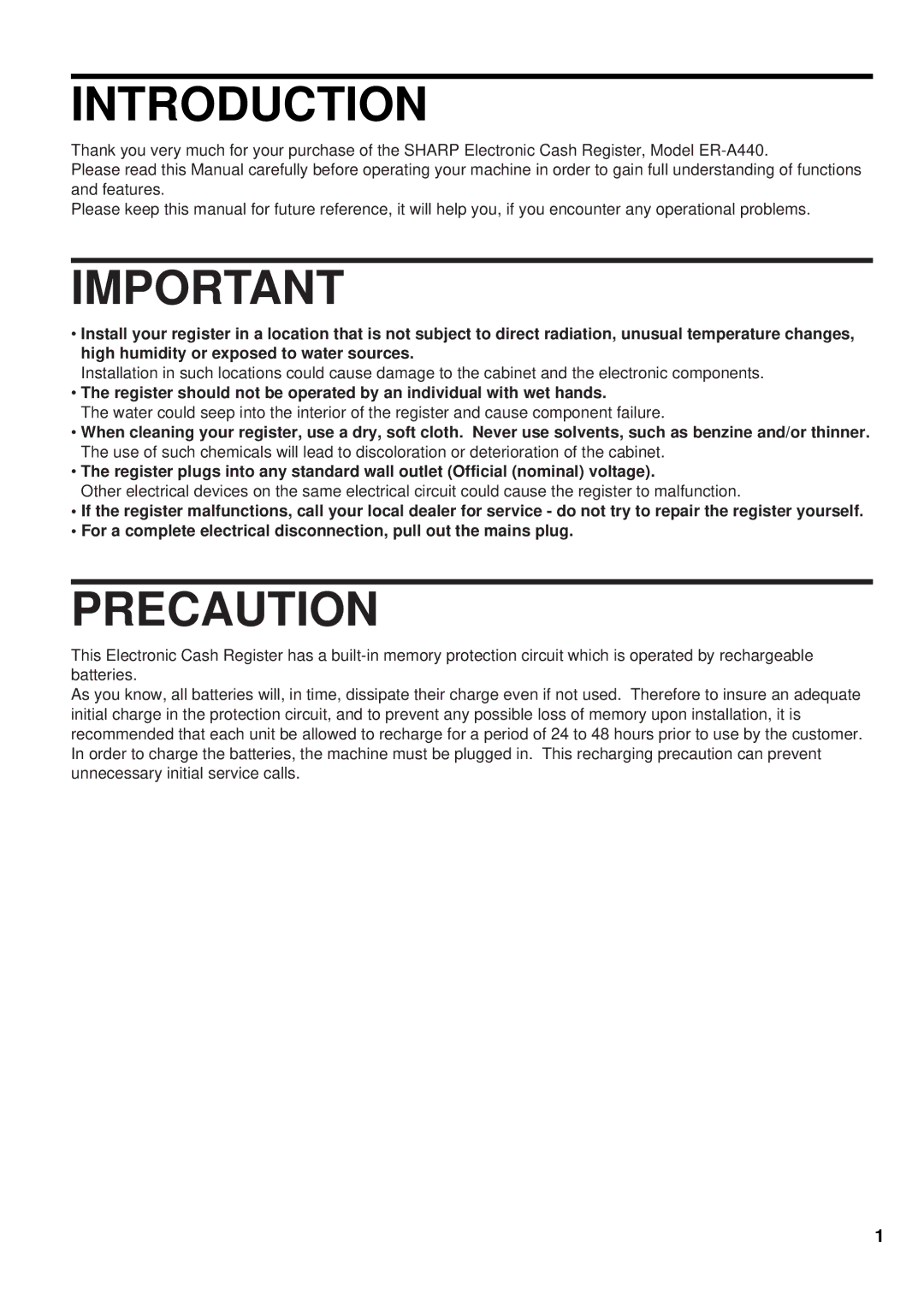 Sharp ER-A440 instruction manual Introduction, Precaution 