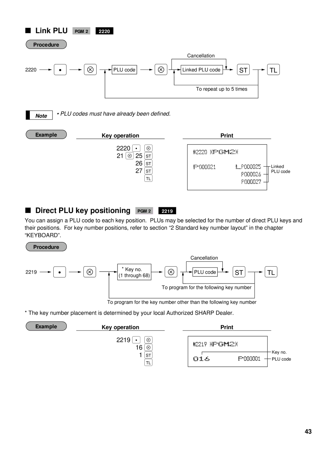 Sharp ER-A440 instruction manual Link PLU PGM 2, Direct PLU key positioning PGM 2, 2220 . Å 21 Å, 2219 . Å 16 Å 