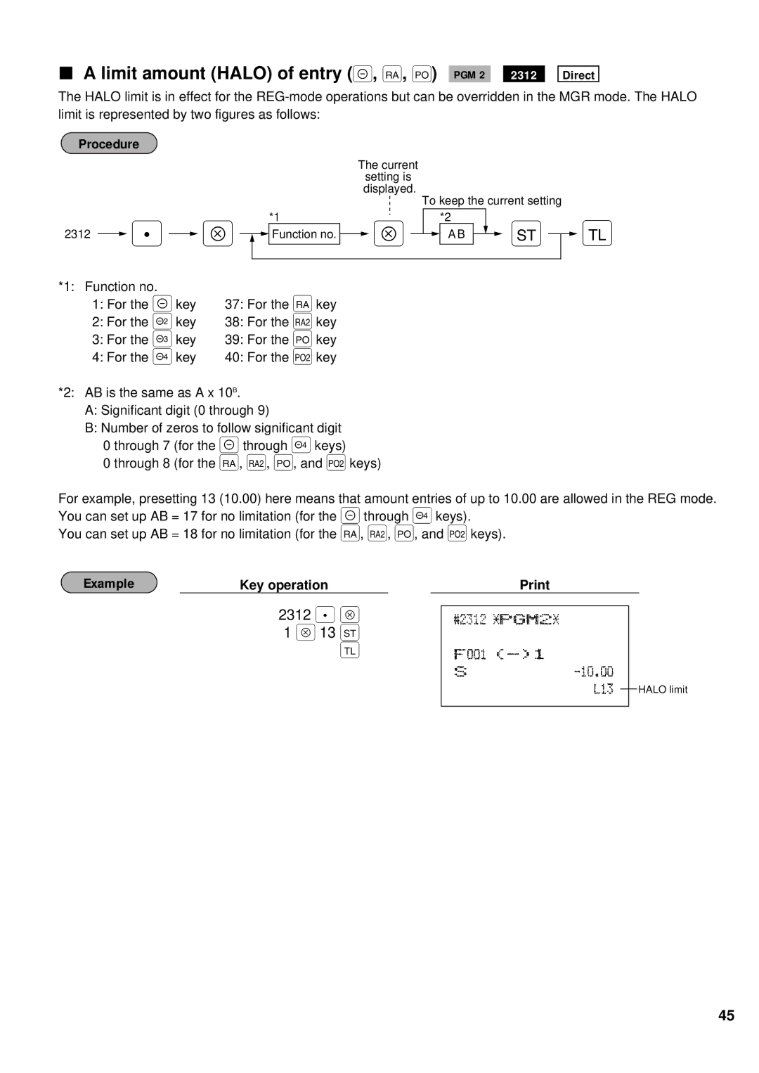 Sharp ER-A440 instruction manual Limit amount Halo of entry -, r, p PGM 2, 2312 . Å 