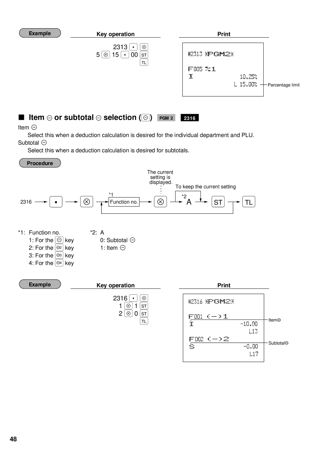 Sharp ER-A440 instruction manual Item ‰ or subtotal ‰ selection PGM 2, 2313 . Å, 2316 . Å 