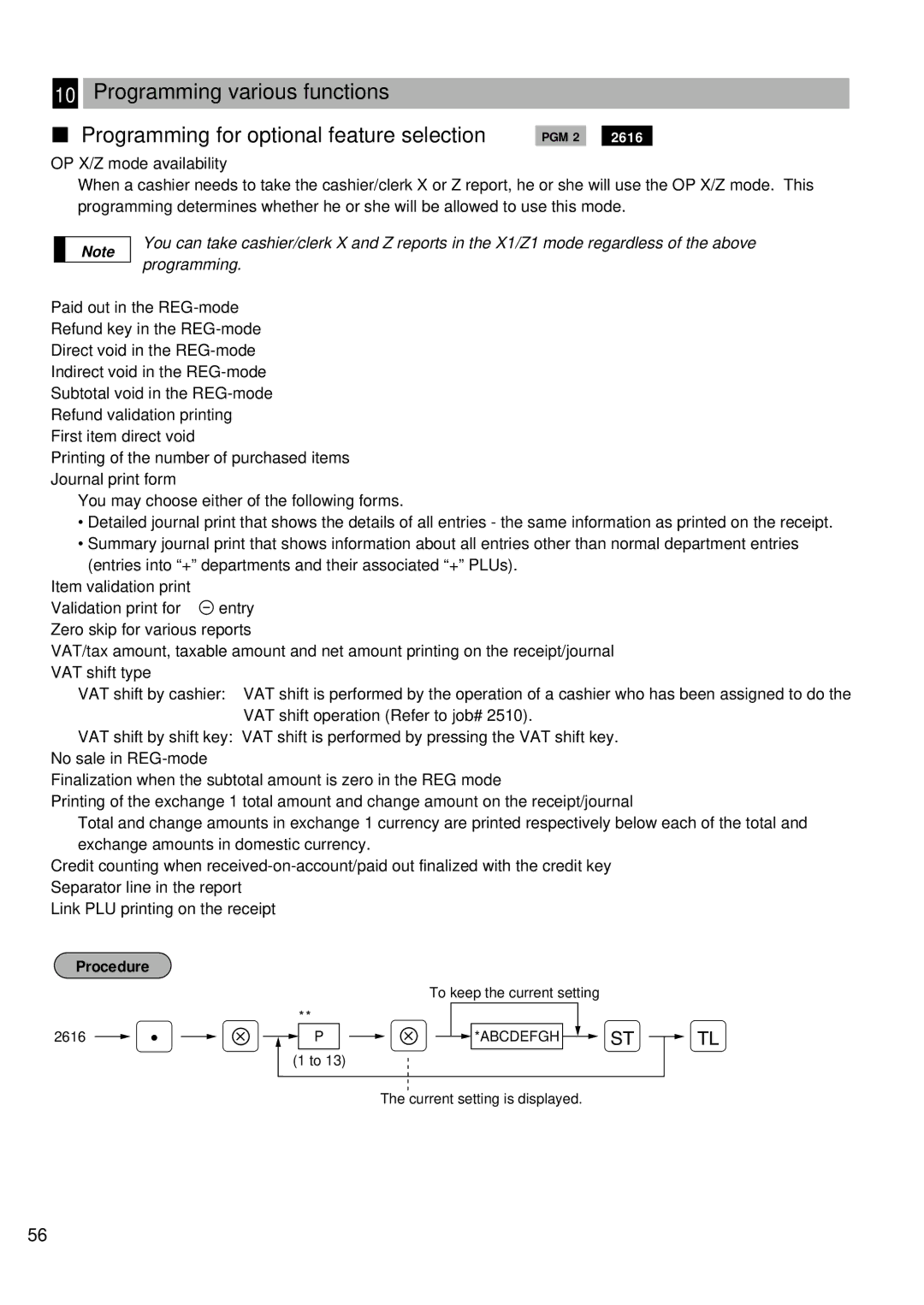 Sharp ER-A440 instruction manual OP X/Z mode availability 