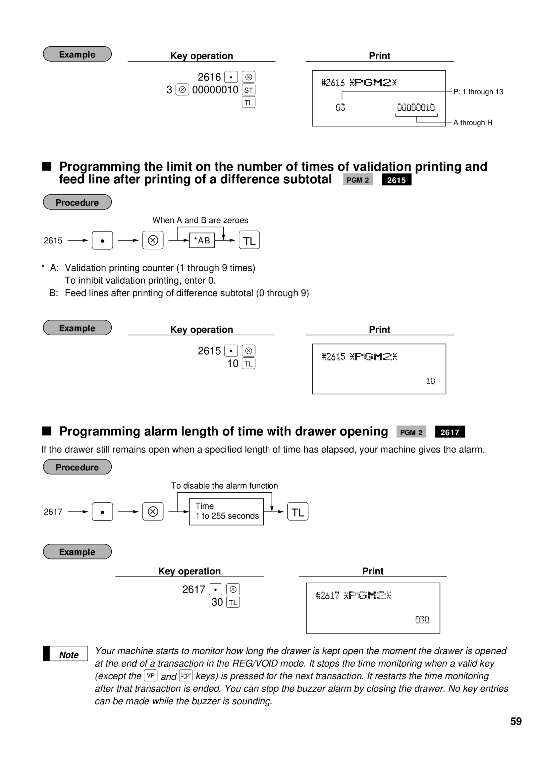 Sharp ER-A440 instruction manual Programming alarm length of time with drawer opening PGM 2, 2616 . Å, 2615 . Å, 2617 . Å 