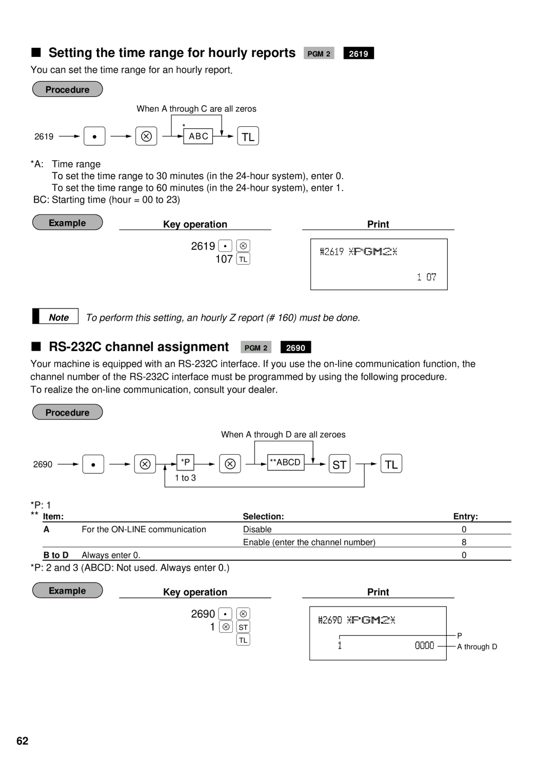 Sharp ER-A440 Setting the time range for hourly reports PGM 2, RS-232C channel assignment PGM 2, 2619 . Å 107, 2690 . Å 