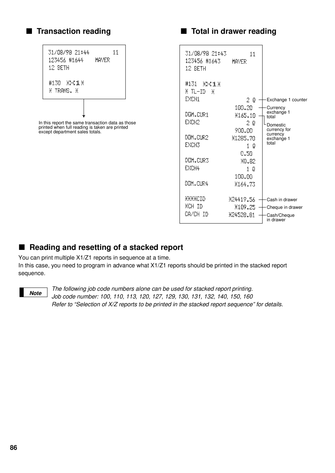 Sharp ER-A440 instruction manual Transaction reading Total in drawer reading, Reading and resetting of a stacked report 